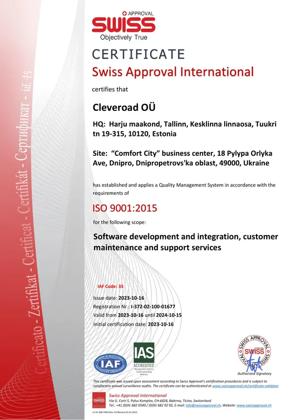 Cleveroad has succesfuly renewed ISO 9001:2015 certificate